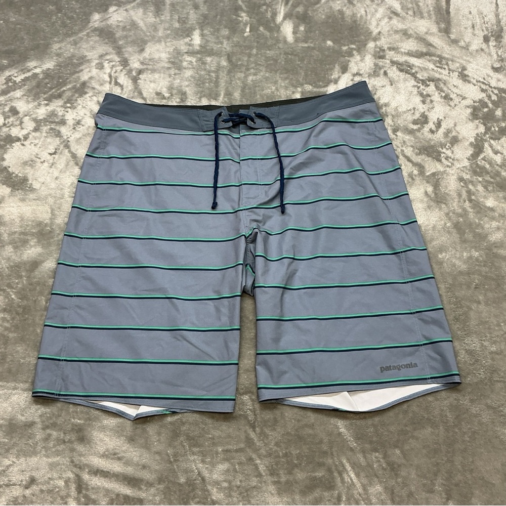 Patagonia Blue and Teal Striped Hybrid Shorts